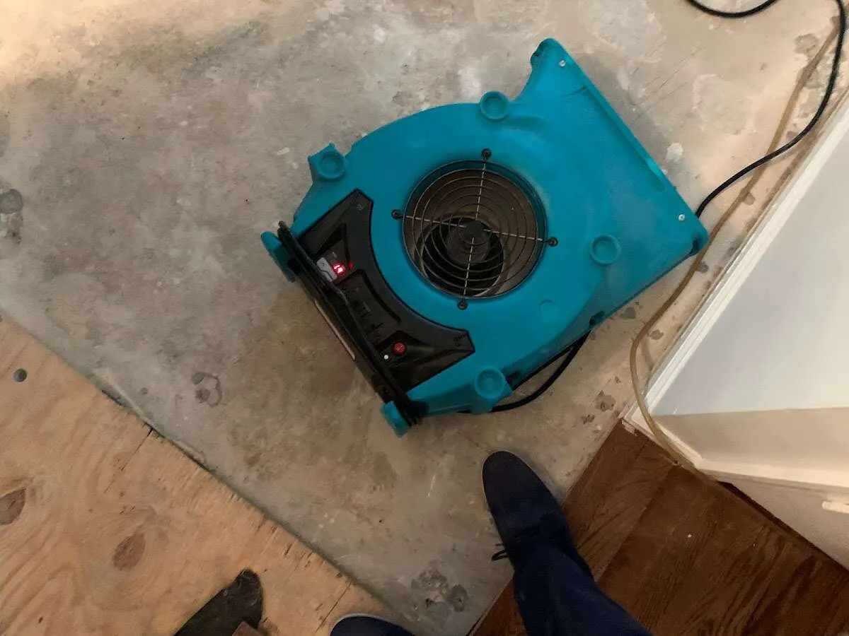Air mover drying subfloor during Leak Detection & Repair in Woodfin